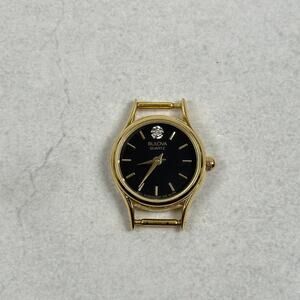 Vintage Bulova Watch Women Black Dial Gold Tone West Germany Diamond New Battery